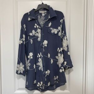 Lauren Michelle collared blue white floral button down blouse 100% cotton large